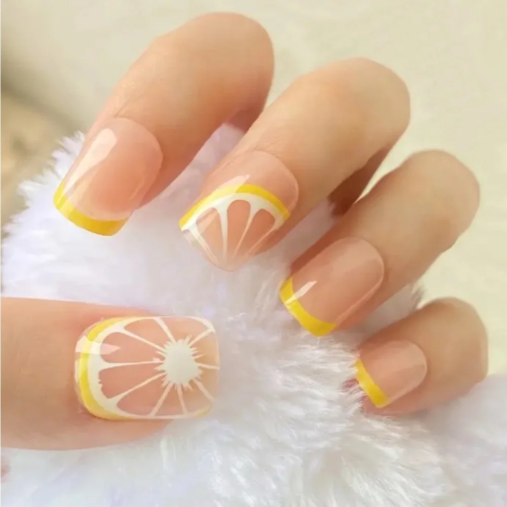Summer lemon yellow French tip press on nails reusable 24 pcs short length NWT - Picture 2 of 15